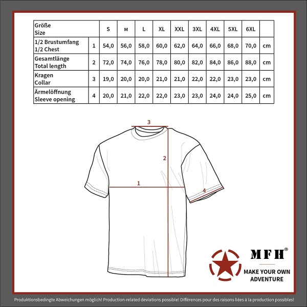 MFH T-Shirt Größentabelle
